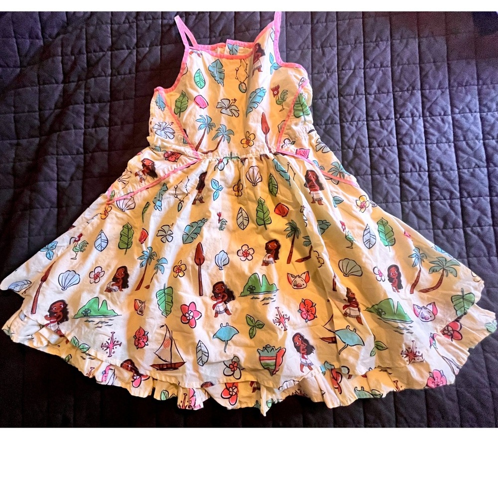 Disney Moana Girls Sundress Cream Pink Tropical Character Print Size 7/8 128cm